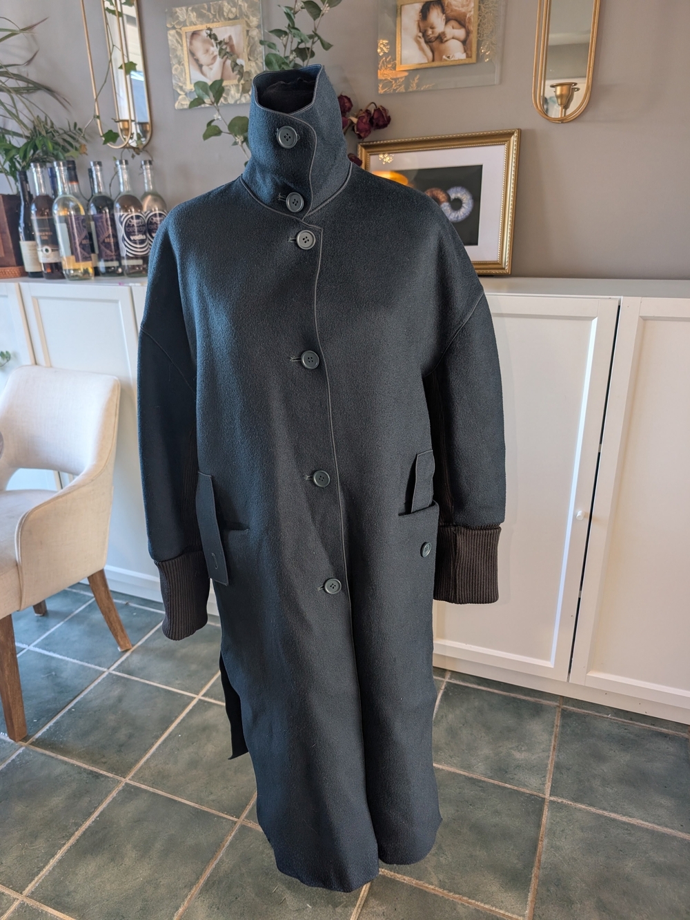 Women's Black Long Button-Up Coat with High Collar